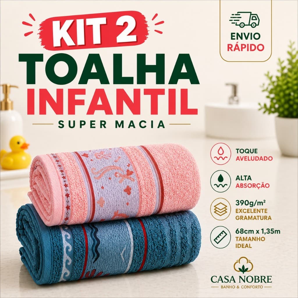 Jogo/kit de Toalhas Infantil 2 Peças de Algodão Super Macia Alta Absorção Menino e Menina Diversas Estampas na