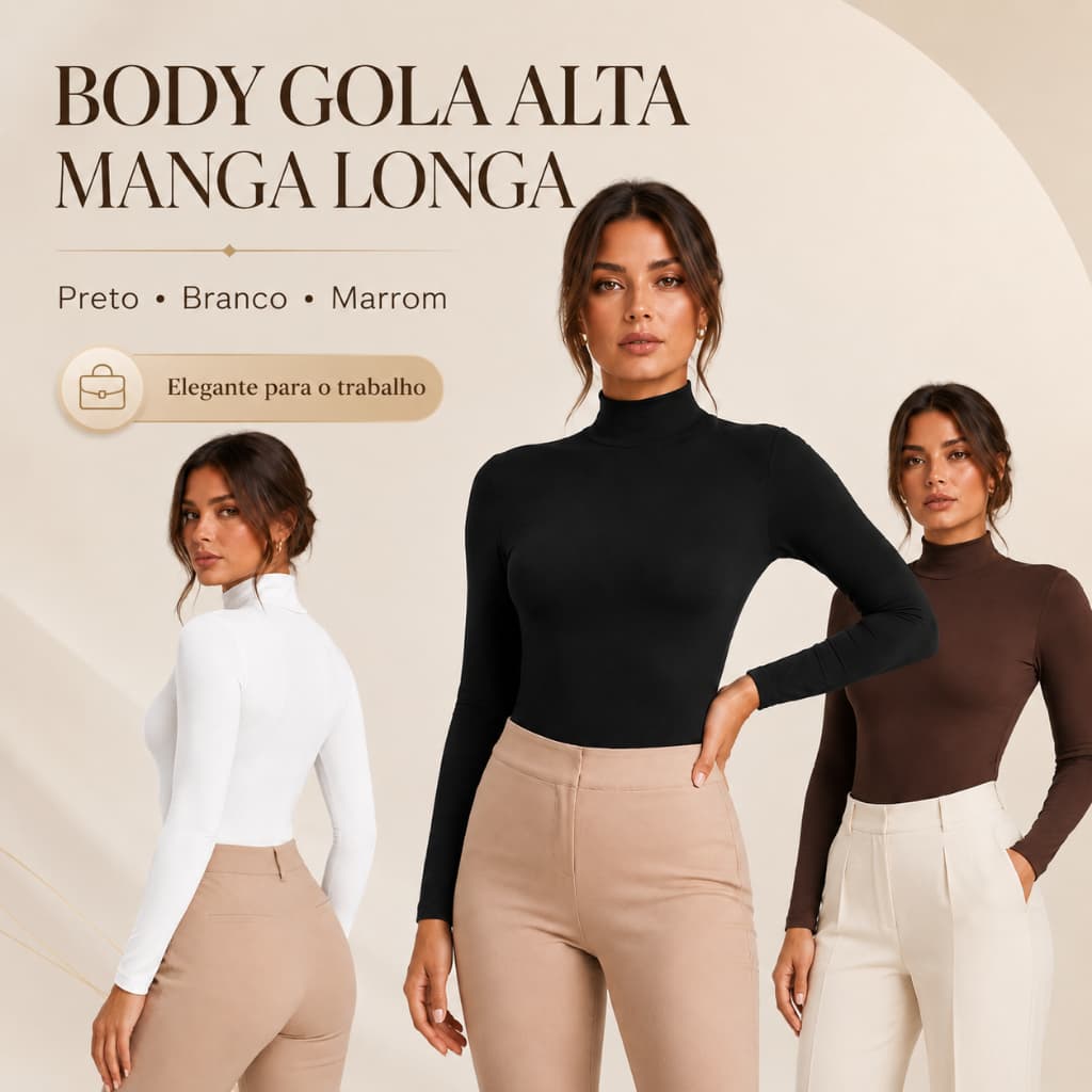 Body Gola Alta Manga Longa Feminino — Opções 1 Body, Kit com 2 ou Kit com 3