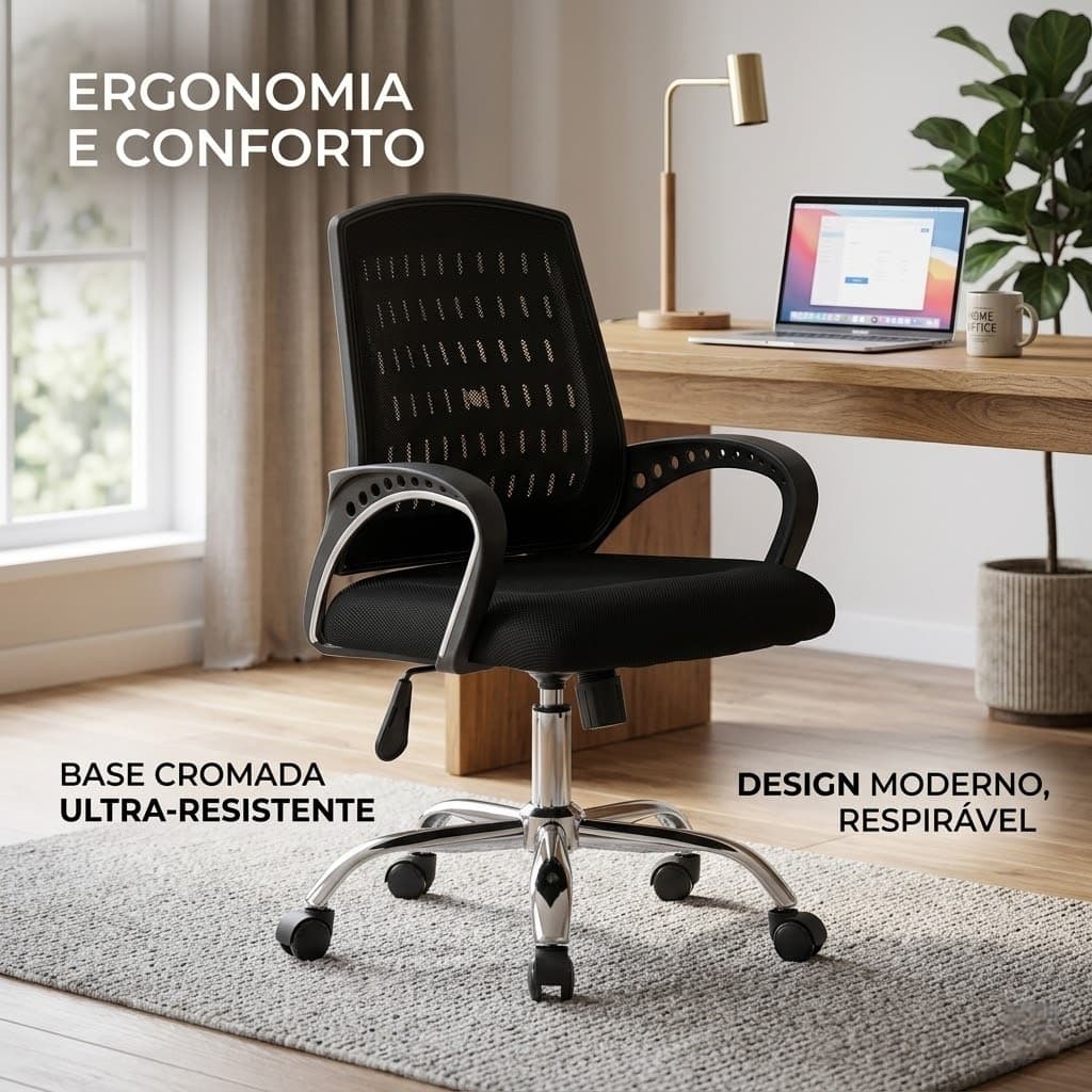 Cadeira De Escritorio Giratoria Cromada Com Regulagem Altura Confortavel Home Office Lelong LE-6212