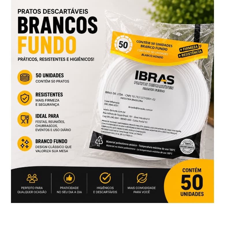 50 Pratos Cumbuca Fundo 15cm Descartável Cor Branco