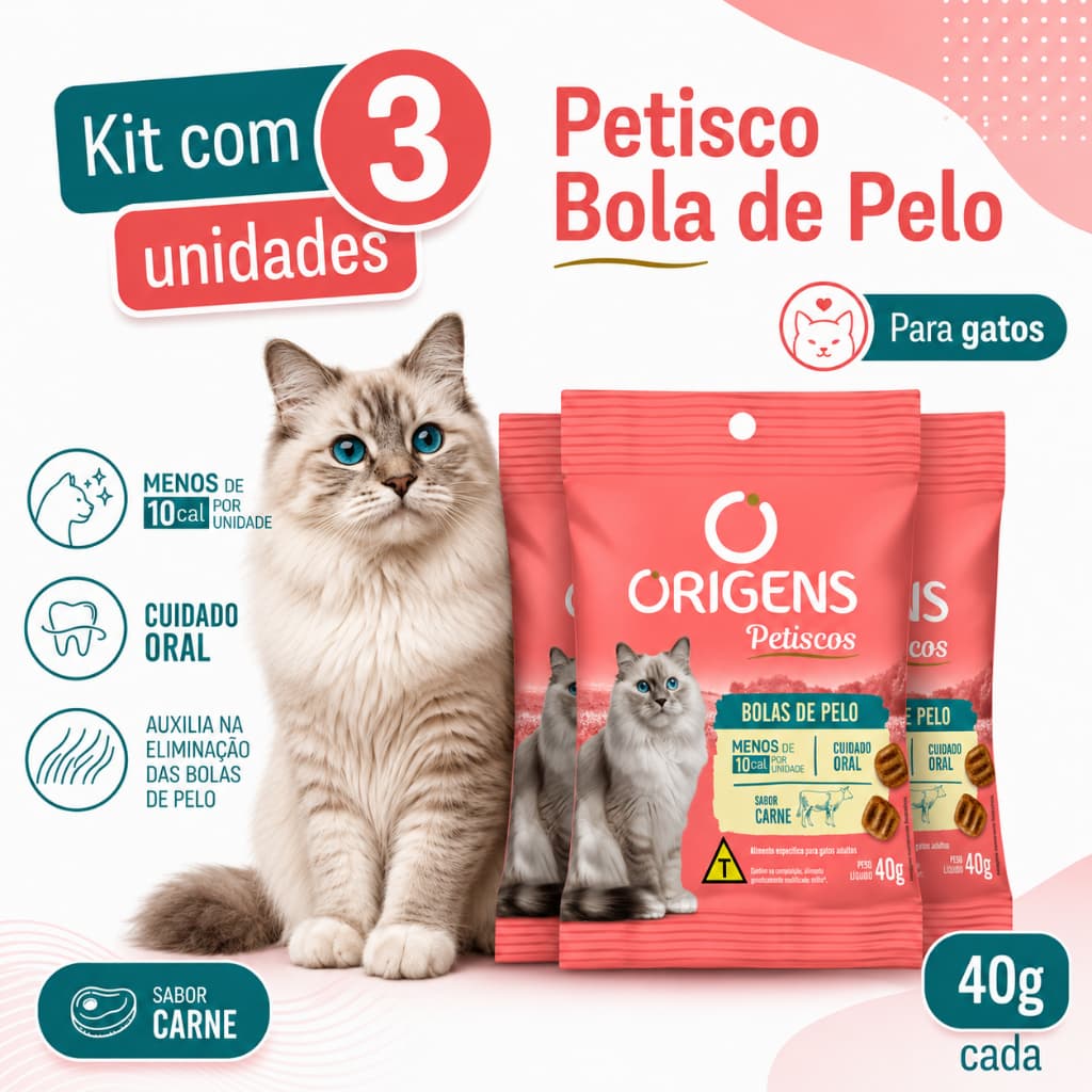 Kit 3 Petiscos Para Gatos Origens Bola de Pelo Sabor Carne 40g Cada Gatos Adultos