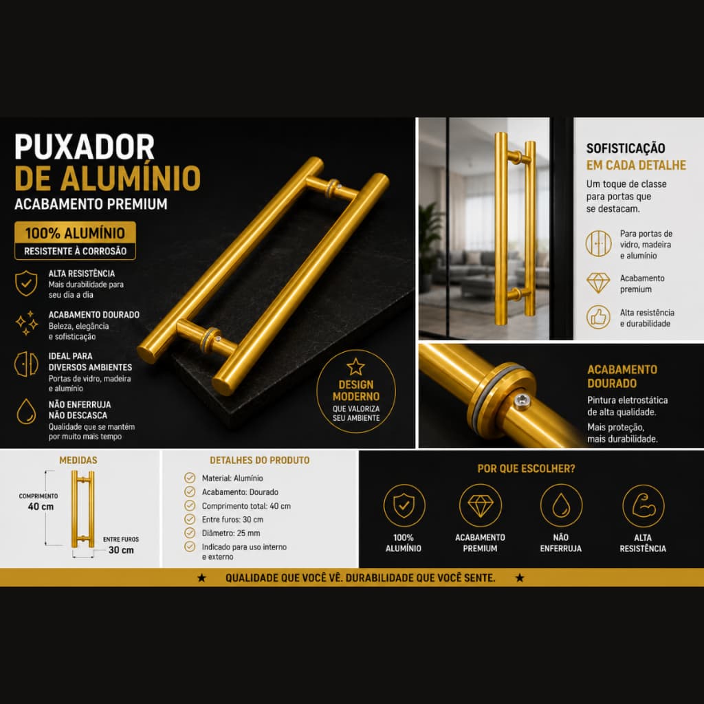 Puxador Para Porta De Vidro Tubular 30cm Furos Dourado