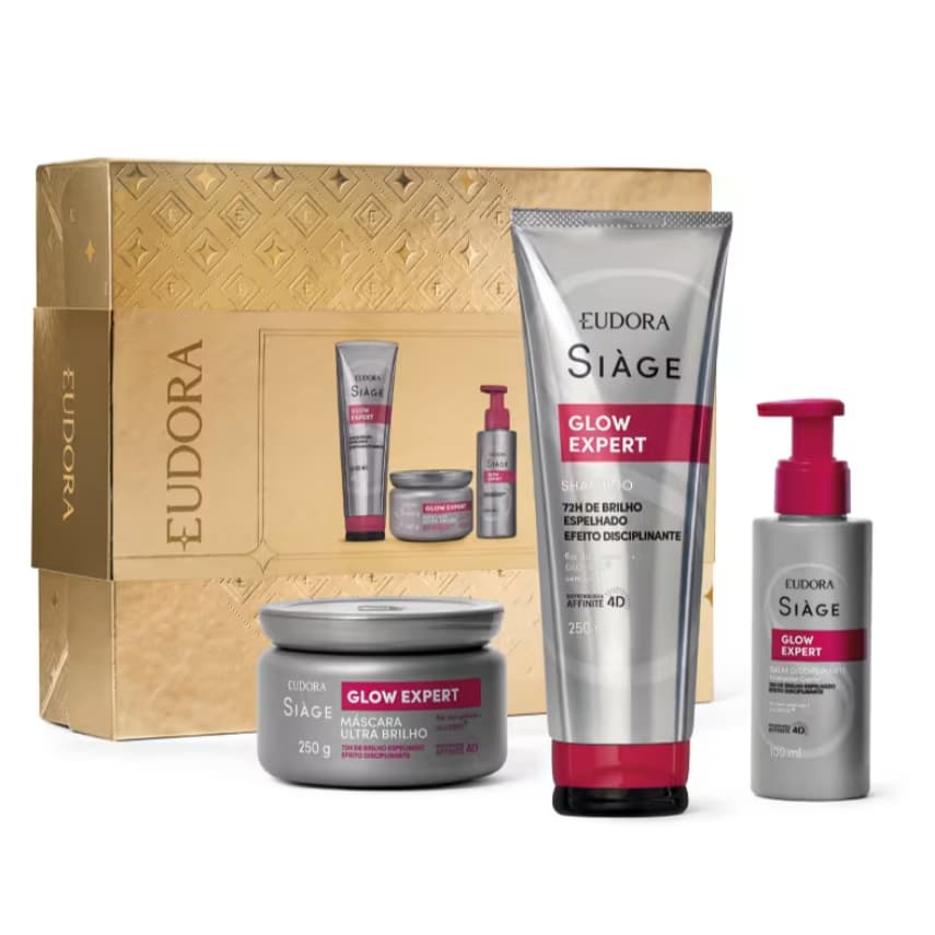 Kit Presente Siàge Glow Expert: Shampoo 250 ml + Máscara Capilar Ultra Brilho 250g + Balm Disciplinante Finalizador Capi