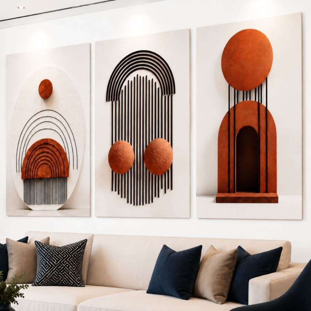 Quadro Decorativo 3 Peças Abstrato Geométrico 3D Moderno Sala Luxo Premium Relevo Boho Elegante MDF