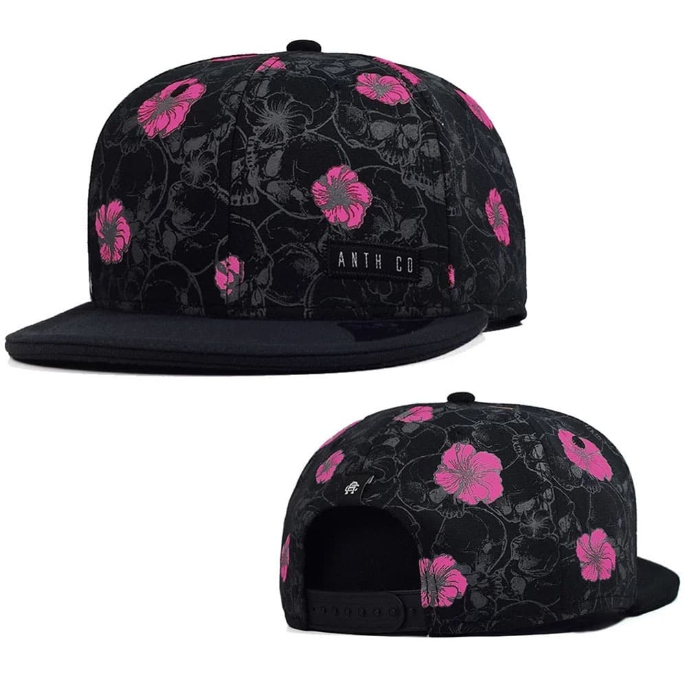 Boné Anth Co. Toten Flores Caveira Preto Rosa Aba Reta Aberto Com Ajuste - SOG