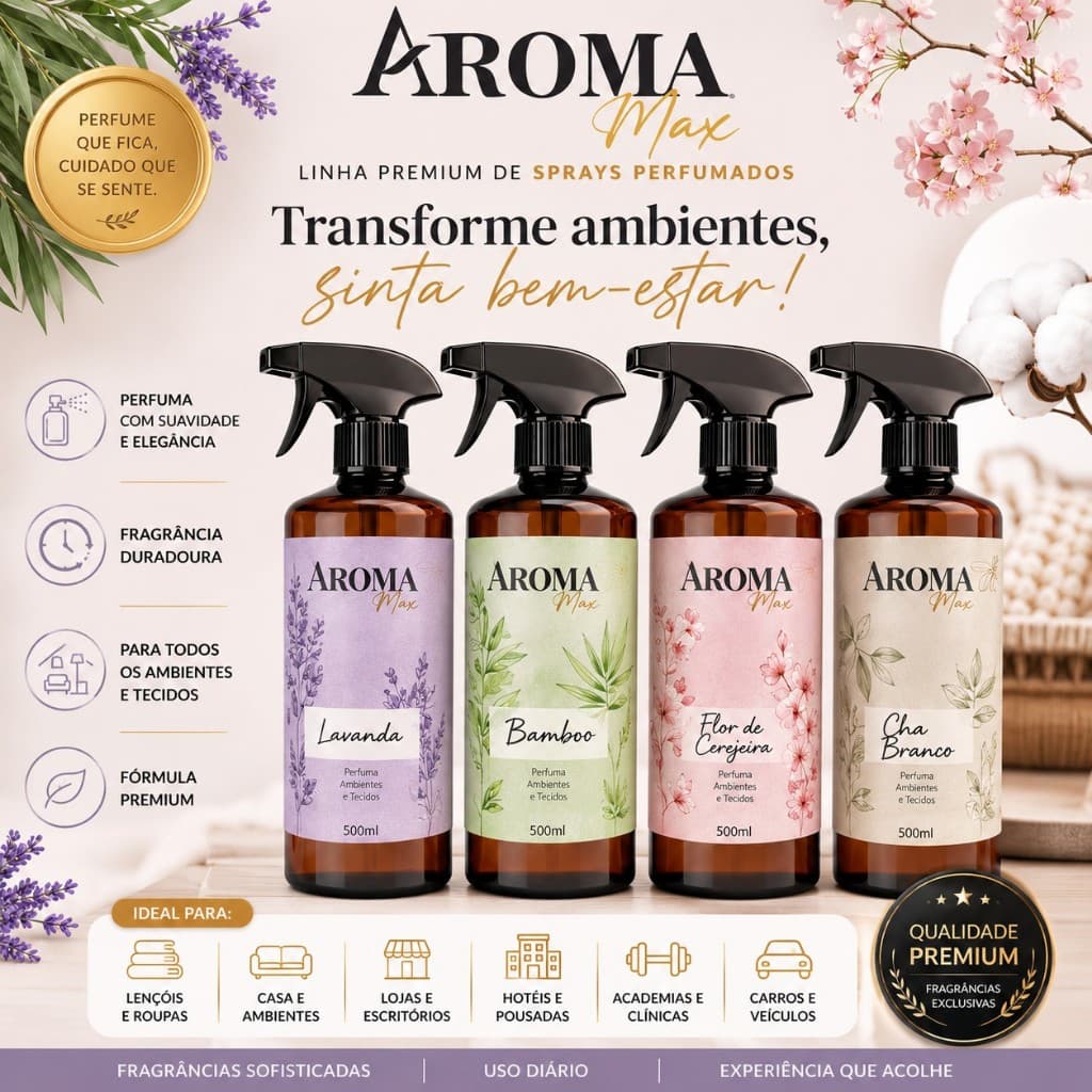 Água Perfumada 500ml Aroma Max para Roupas, Lençóis, Casa, Tecidos, Lojas, Hotéis e Academias