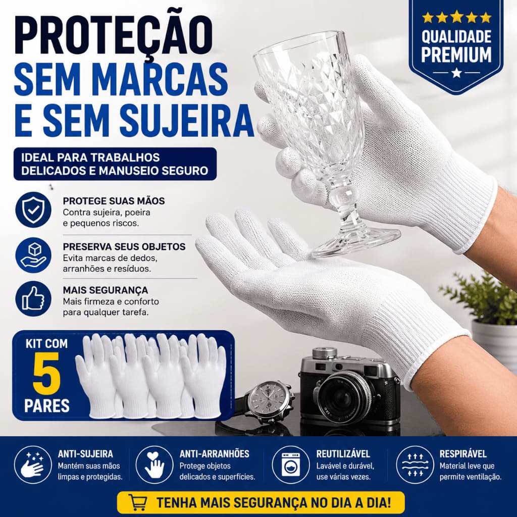 Kit 5 Pares Luva Branca Tricotada Malha Helanca Poliamida De Proteção Lisa Multiuso Manutenção