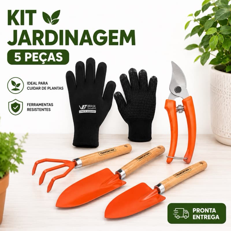 Kit Jardinagem 5 Peças Com Luvas Tesoura De Poda Pá Garfo Tramontina