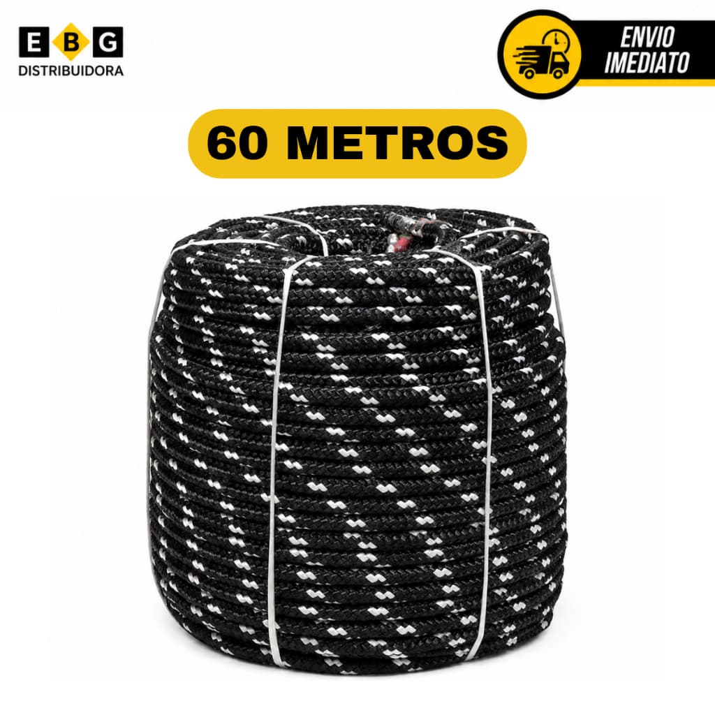Corda Rolo 8mm 60mts Preta e Branca Balanço Amarração de Carga Cobertura Caminhão Carro