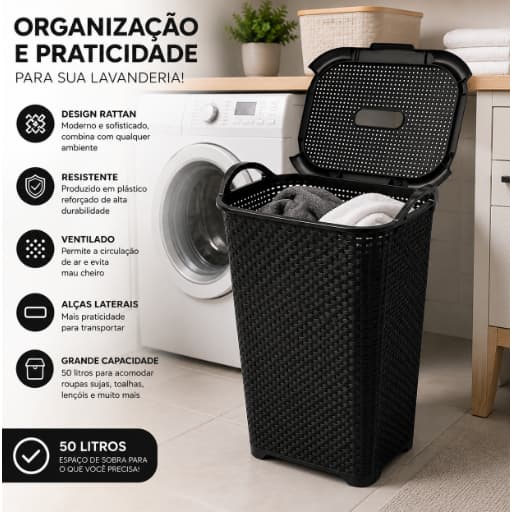 Cesto Rattan Grande com Tampa Basculada Preto 50 Litros- Arqplast