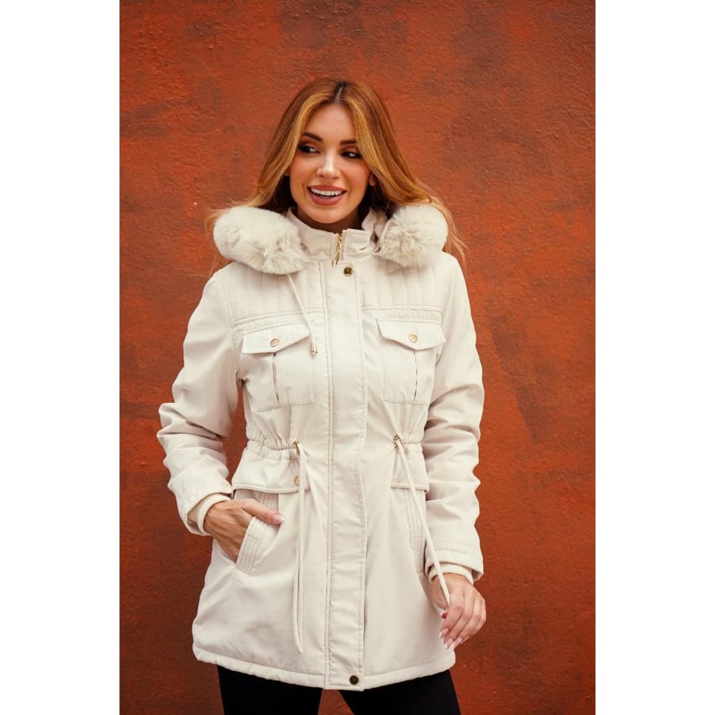 Parka feminina forrada com capuz de pelos