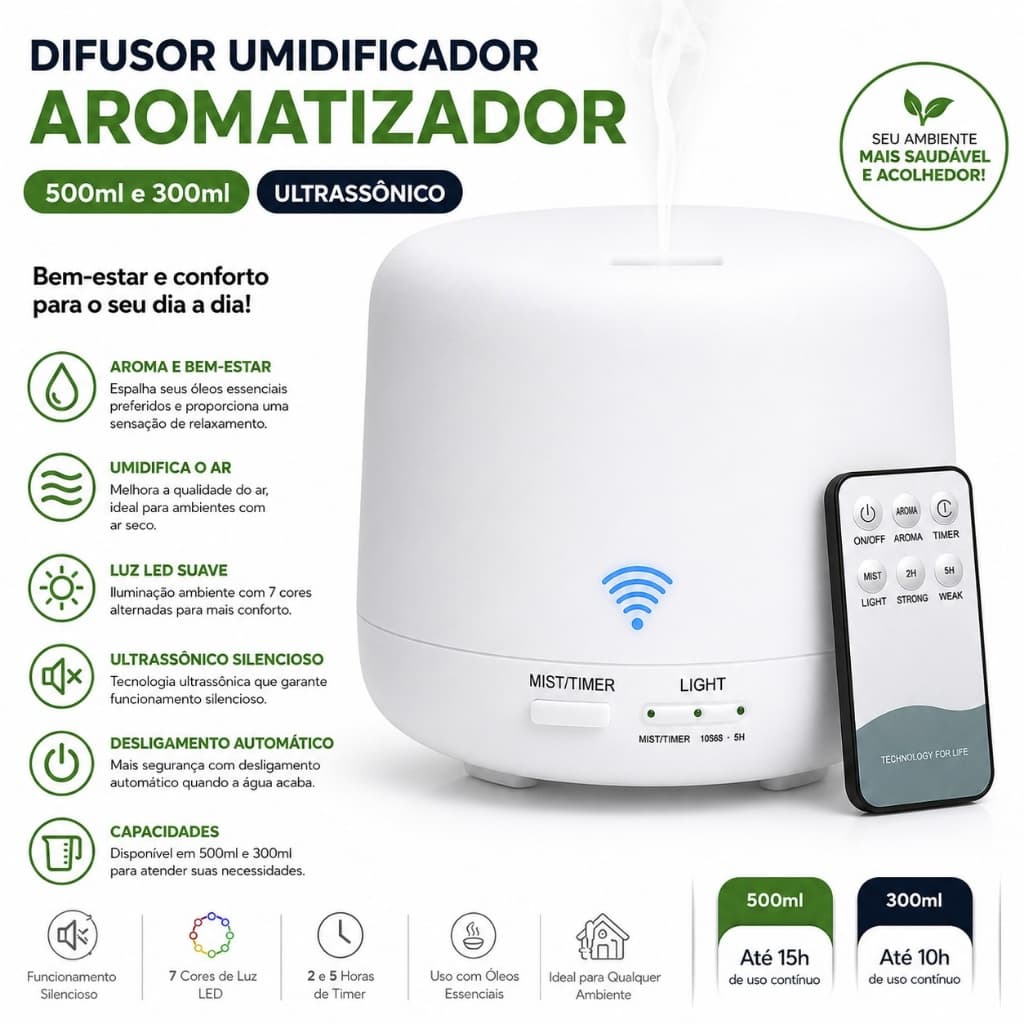 Difusor Aromatizador Umidificador Ultrassônico 500ml 300ml LED 7 Cores Controle Remoto