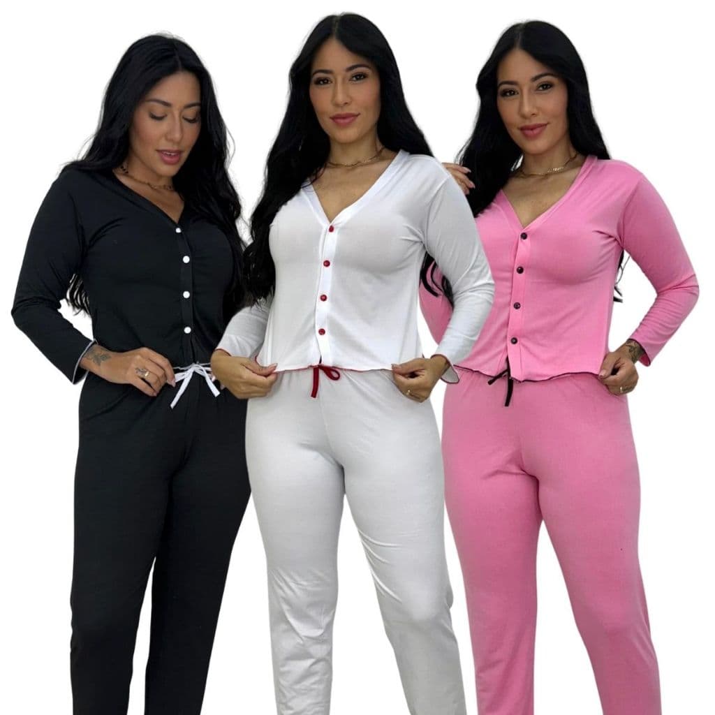 Pijama Frio Botão Conjunto Feminino Inverno Outono Calça Comprida Blusa Manga Longa Tecido Quentinho