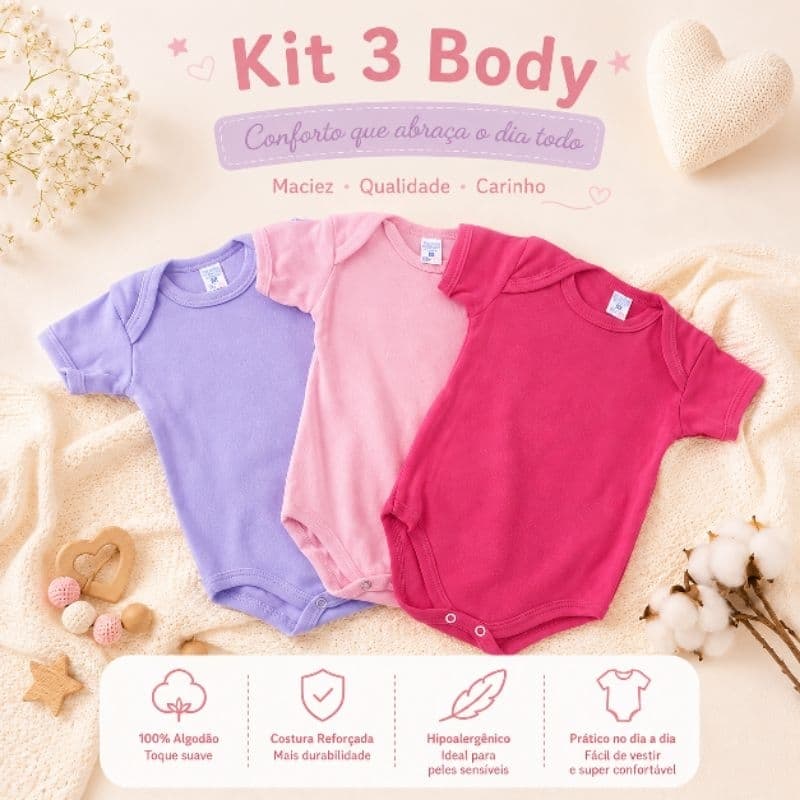Kit 3 Body Bebê 100% Algodão Manga Curta Feminino Masculino Confortável
