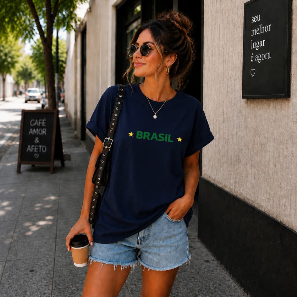 Blusa Brasil Feminina Algodão Camiseta Casual Moderno Estampa Brasil Verde/Amarelo
