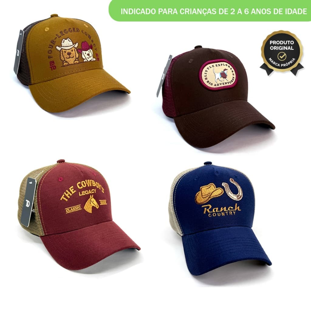 Boné INFANTIL Country Trucker Tela Unissex Aba Curva Bordado Premium