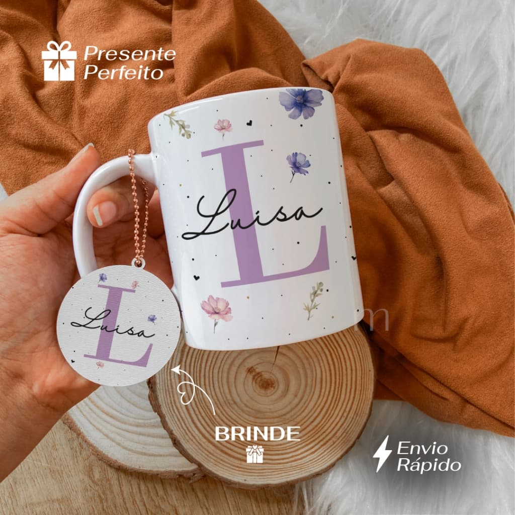 Presente feminino, Caneca personalizada flores inicial e nome, presente criativo amiga