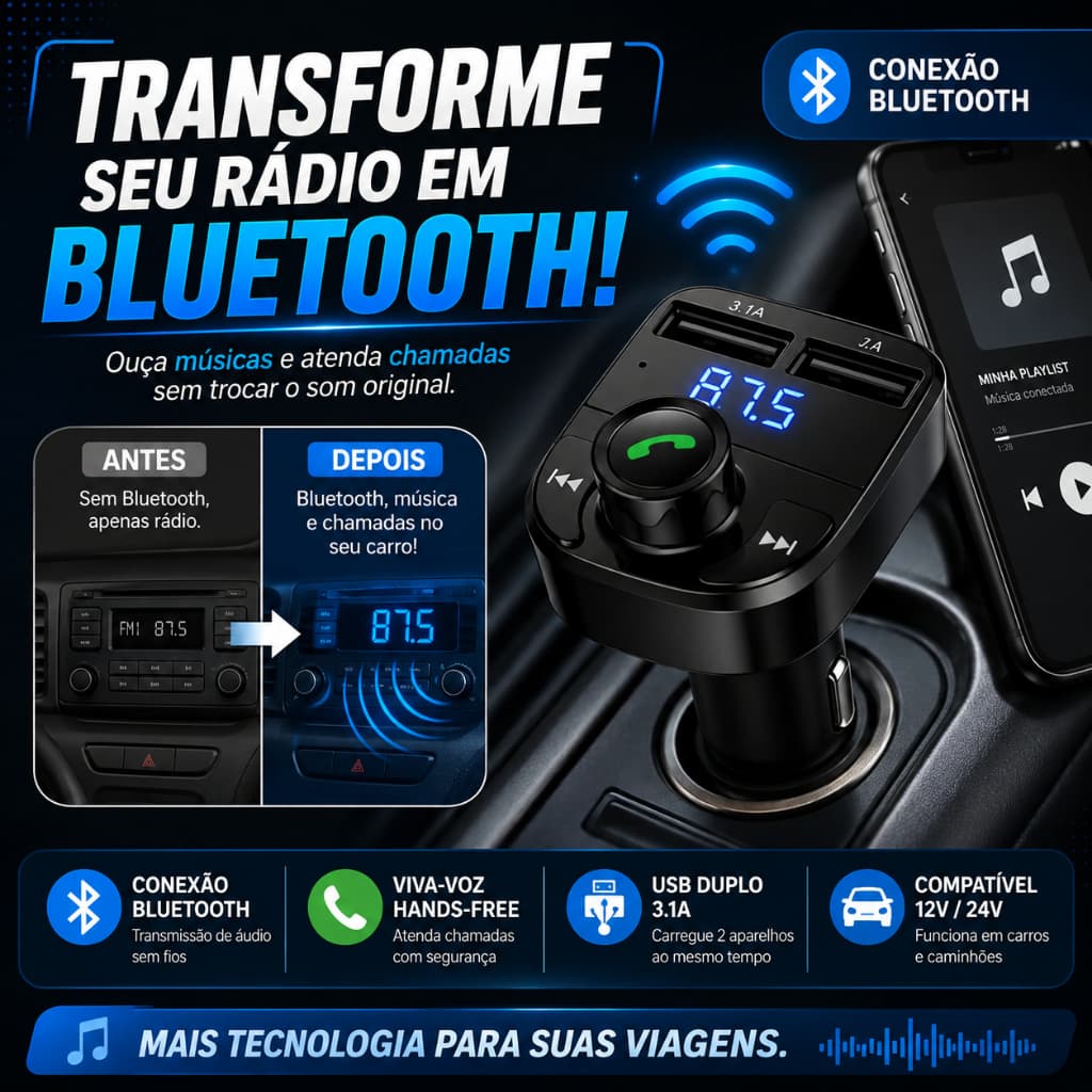 Transmissor FM Bluetooth Veicular X8 Carregador USB Duplo Viva Voz Rádio FM Automotivo