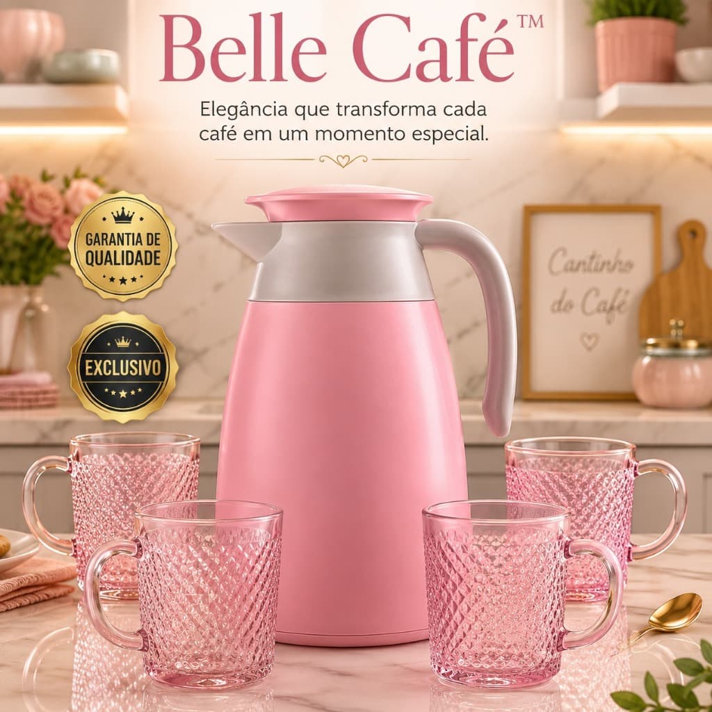 Conjunto Garrafa Térmica Rosa 1,9L + 4 Canecas de Vidro Belle Café™ Elegante e Resistente