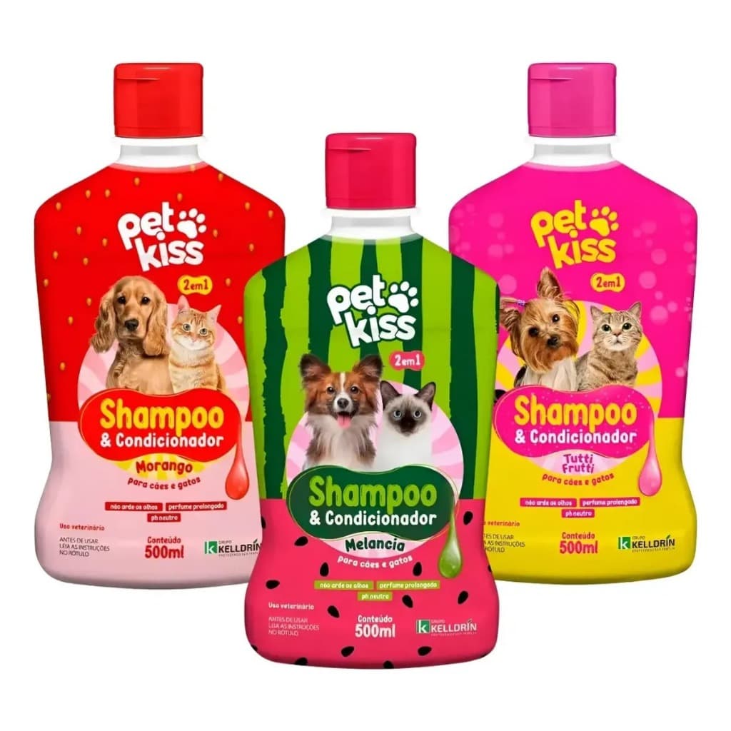 Kit 3 Shampoos Kelldrin 2 em 1 500ml Cães e Gatos Fragrâncias Tutti Frutti Morango Melancia PetKiss