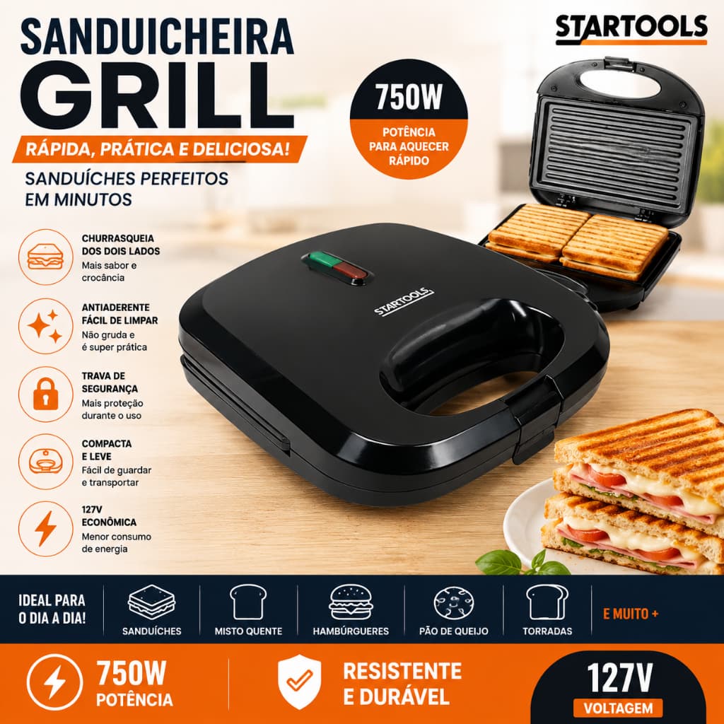 Sanduicheira Grill Elétrica 750W Antiaderente 2 em 1 Prensa Dupla 127V 220V Lanches Grelhados