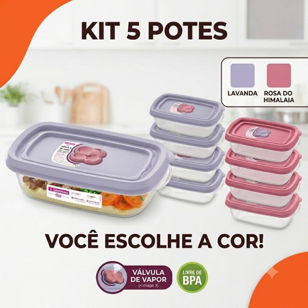 Kit 5 Potes Retangulares Sanremo 430ml Herméticos Com Válvula Micro-ondas e Freezer - Livre de BPA