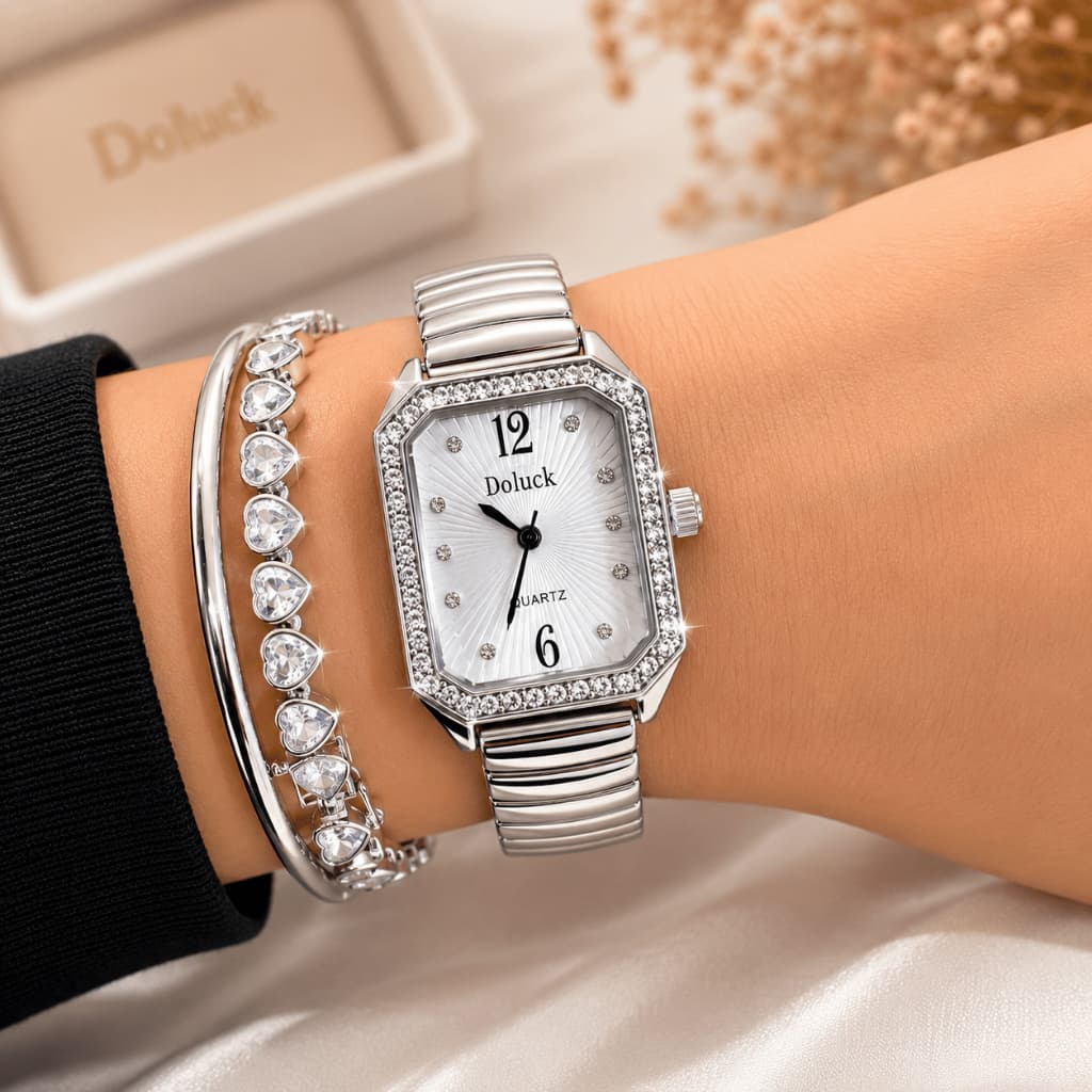 Relógio Feminino Elegante Cinta Elástica Ajustável Prata Luxo Strass Pulseira Expansível
