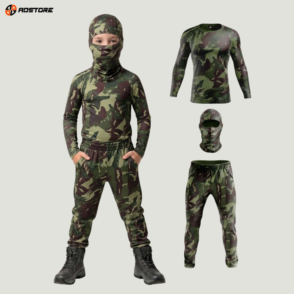 Conjunto Camuflado Infantil Menino Menina Fantasia Aventura Estilo Gamer 3 Peças (Calça, Blusa, Balaclava)