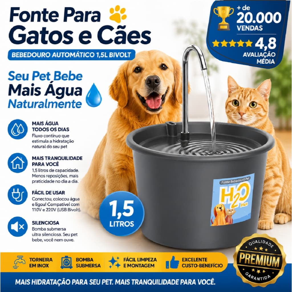Fonte Para Gatos E Cães Bebedouro Automático 1,5L Bivolt - Seu Pet Bebe Mais Água Naturalmente