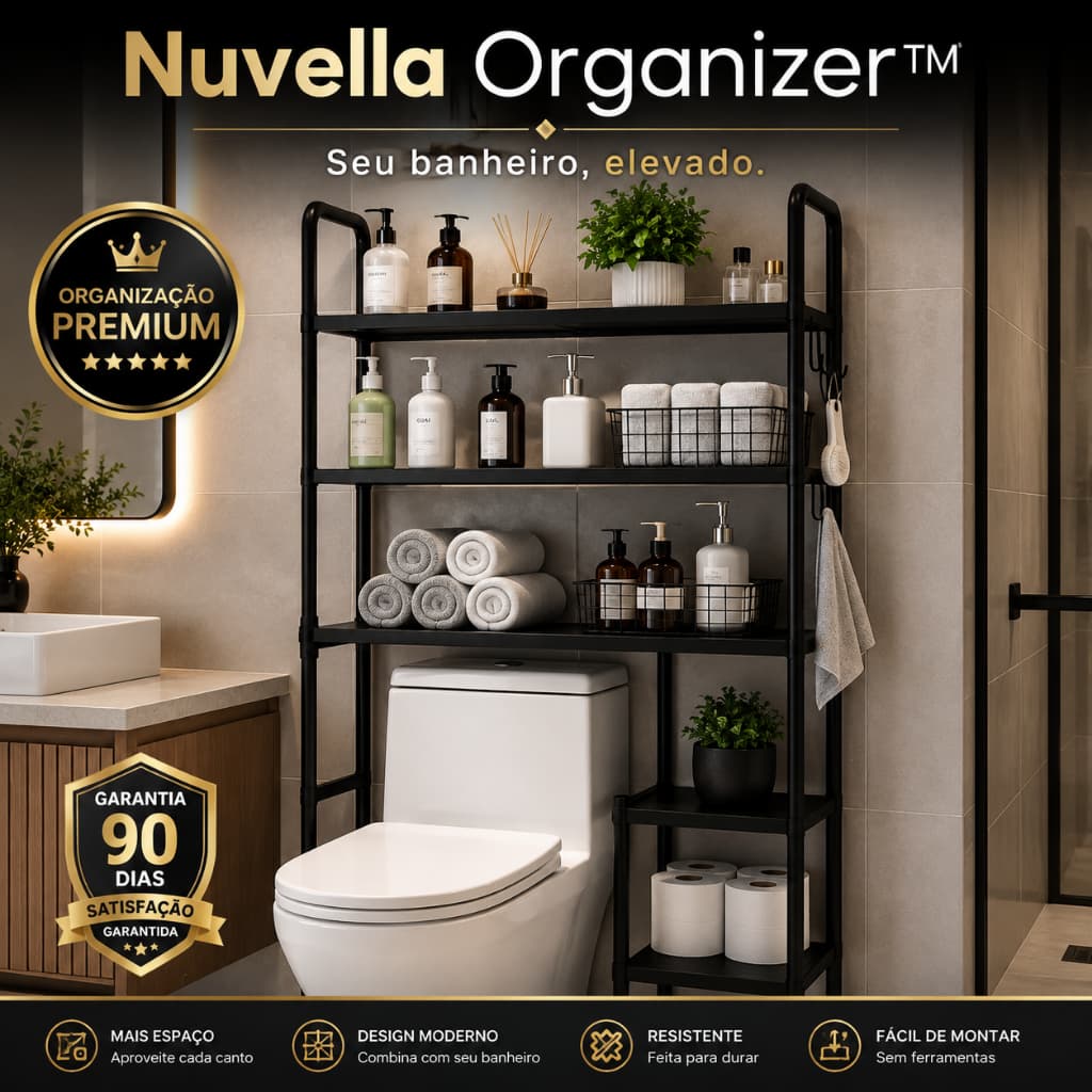 Estante Organizadora de Banheiro Multiuso Preta Compacta | Prateleira Porta Shampoo e Cosméticos Nuvella Organizer™