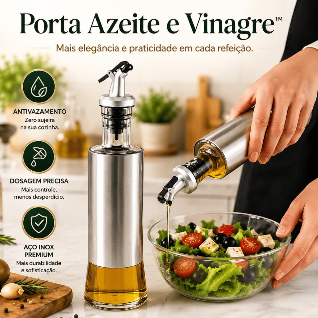 Galheteiro Porta Azeite e Vinagre 300ml Dosador Antivazamento Vidro Aço Inox Dispenser Moderno