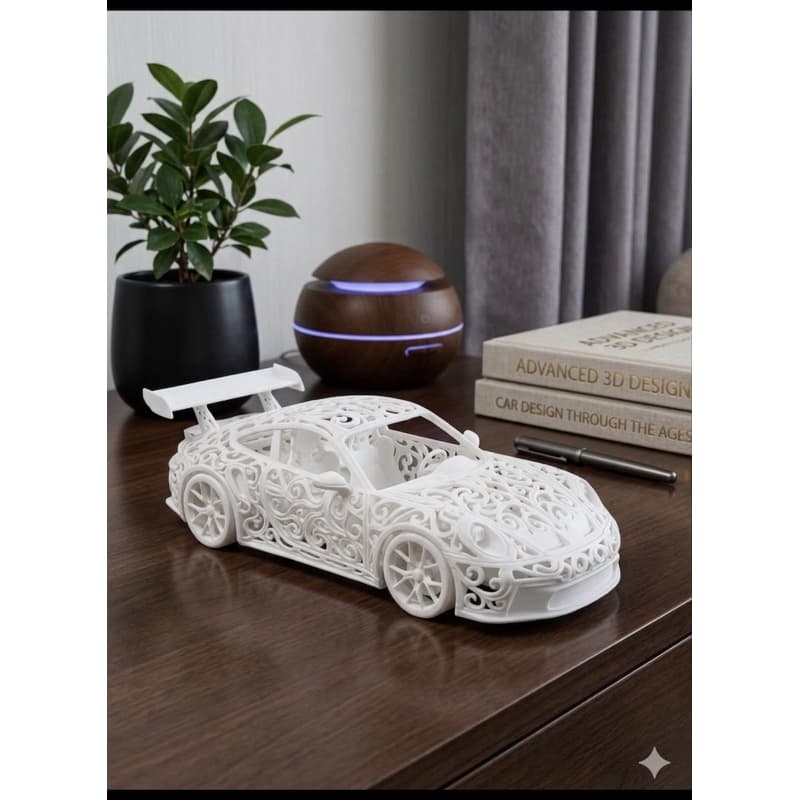 Escultura de Carro Porsche 992 GT3 3D com Padrão de PLA Branca - Arte de Mesa Exclusiva para Decoração e Coleção
