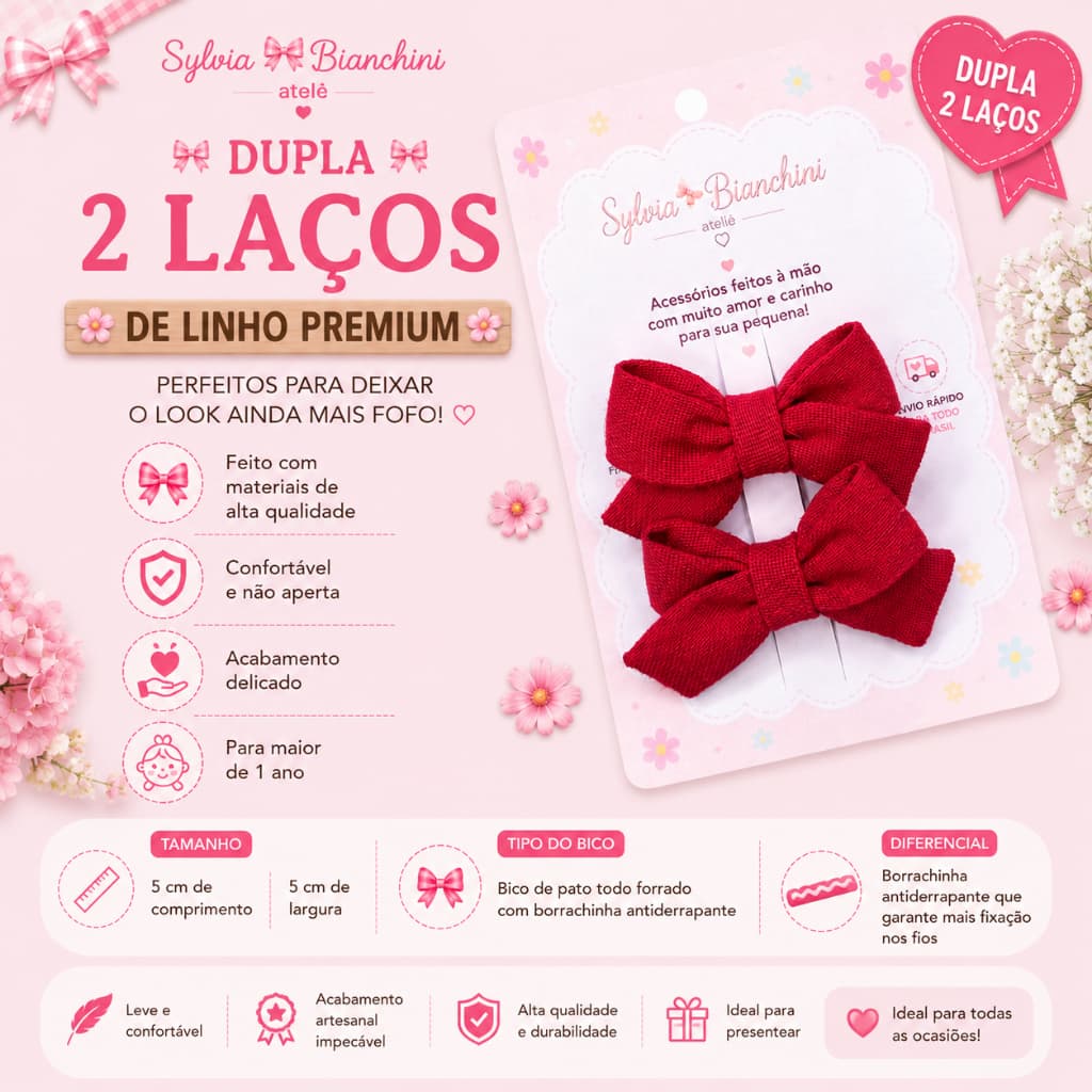 Kit 2 Laços Infantil Linho Vermelho 5cm Bico de Pato Antiderrapante
