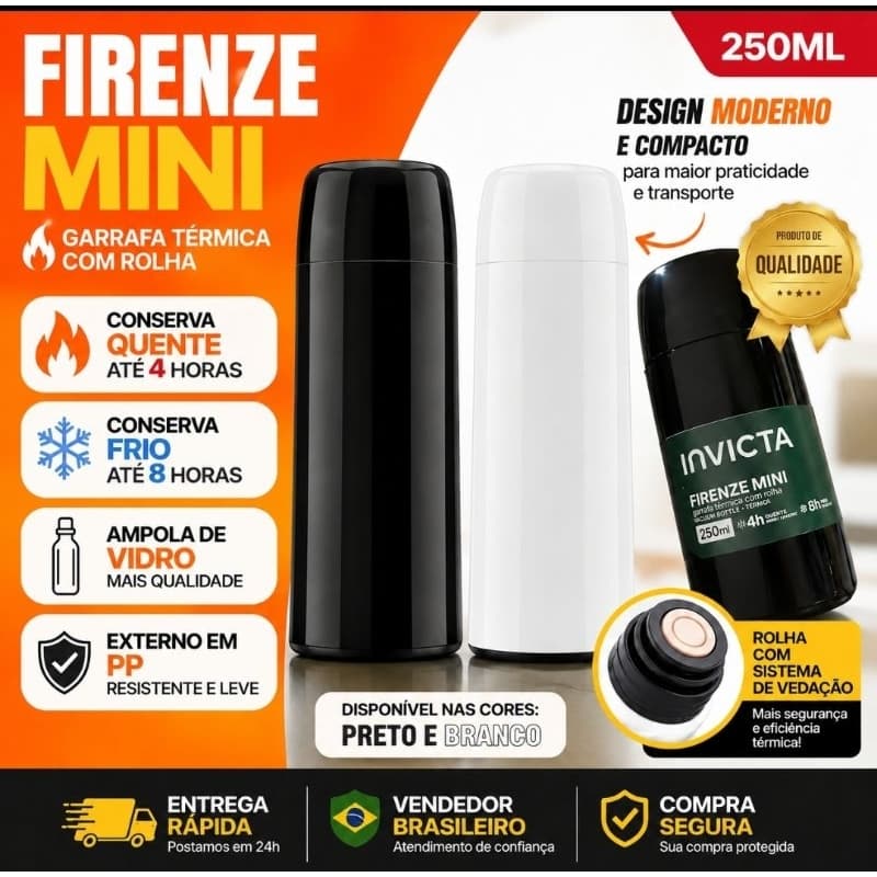 Garrafa Térmica de Água Café Invicta Firenze Mini 250ml - Design Compacto e Moderno, Leve e Fácil de Transportar