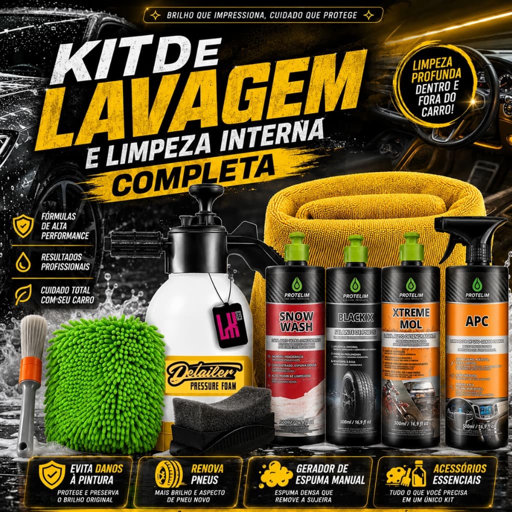 Kit Completo para Lavar Carro Pulverizador Snow Wash Xtreme Mol Black X Apc Limpa Interna Toalha