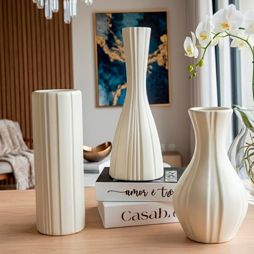 Conjunto 3 Vasos de Cerâmica Peças Grandes Modernas para Sala Casa Enfeites Decorativos Mesa Jantar