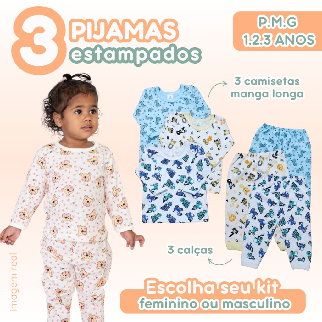 Kit 3 Pijamas Bebê Criança Malha Estampada 100% Algodão 6 Peças Feminino Masculino 1 ano 2 anos 3 anos Zuraffa Baby
