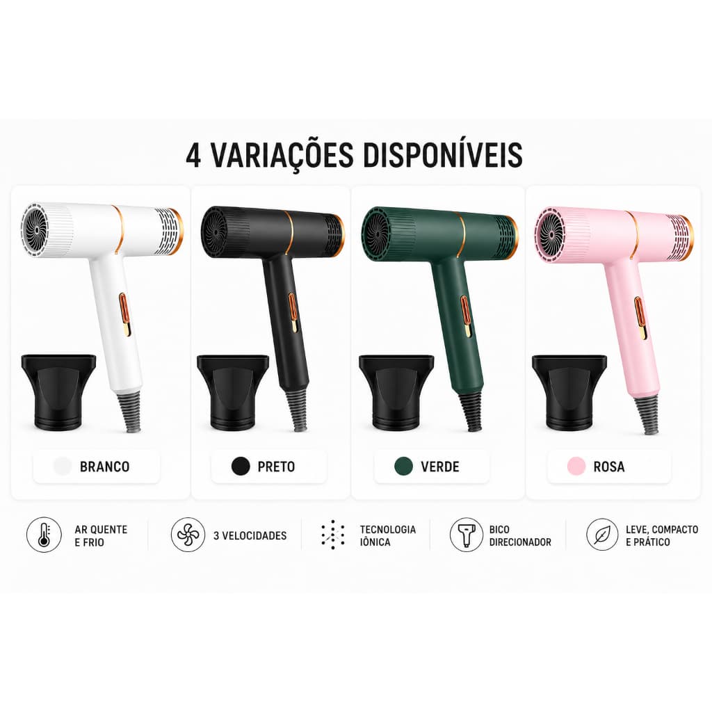 Secador De Cabelo Iônico Portátil 1200w Quente Frio Turbo Preto Verde Branco ou Rosa 127V
