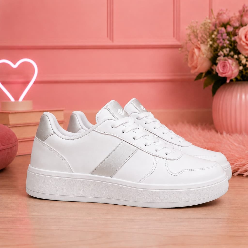 Tênis Casual Feminino Básico Com Tira Confortável Estiloso Branco Preto Prata Moda Camp Star