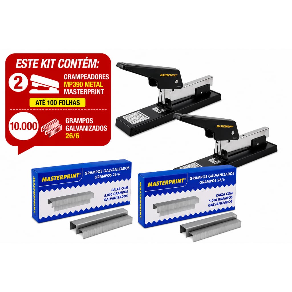 KIT 2 GRAMPEADORES MP390 METAL ATÉ 100 FOLHAS + 10.000 GRAMPOS GALVANIZADOS 26/6 MASTERPRINT