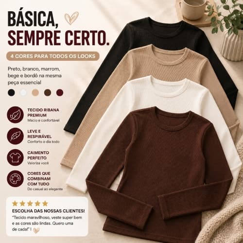Kit 3 MANGA LONGA Blusa Feminina LISA Outono Inverno  – Confortável Ribana Canelada Premium Macio