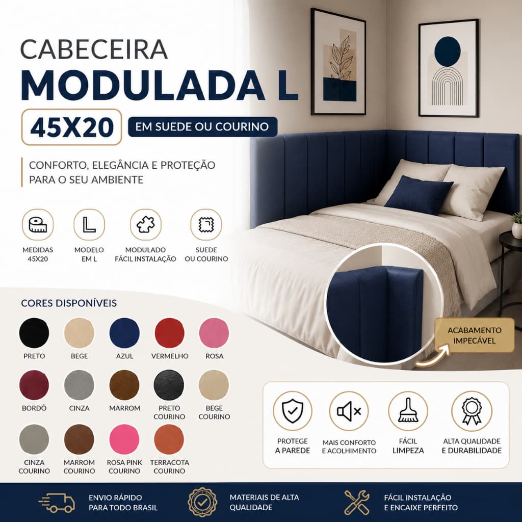 Kit de 15 a 20 Placas Estofadas 45x20cm para Cabeceira de Cama em L - Envio Imediato