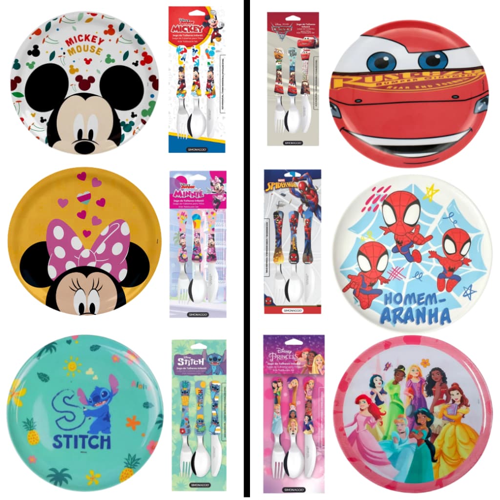 Kit Prato Raso+ Talheres Infantil Personagens  Disney BPA Free Disney Homem Aranha Princesas Carros