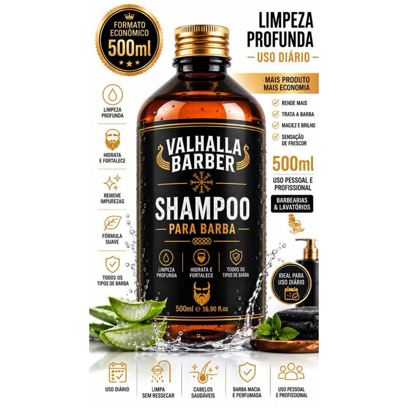 Shampoo para Barba 500ml VALHALLA BARBER  – Limpeza Profunda, Hidratação e Frescor para Todos os Tipos de Barba