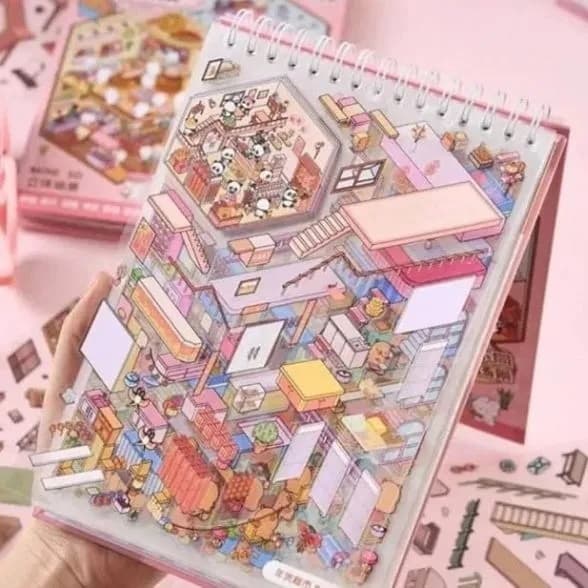 Caderno De Adesivos 3D Interativo Mini World 8 Cenários Com Pinça Livro Infantil Menina Brinquedo