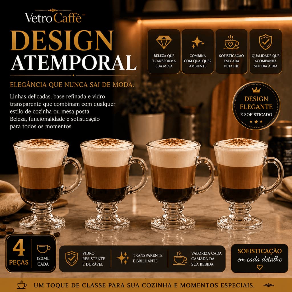 Kit 4 Canecas de Vidro 120ml para Cappuccino e Café | Xícaras Transparentes Premium