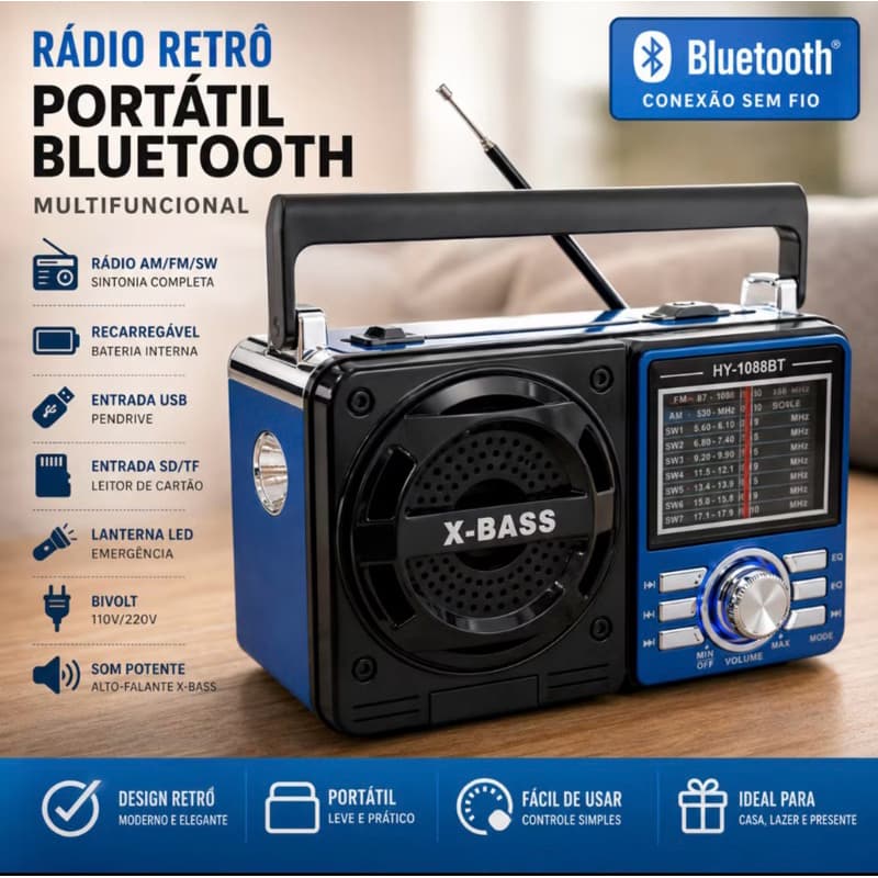 Rádio Retrô Vintage Portátil Bluetooth Recarregável Tomada/Pilha AM FM SW USB SD Pendrive