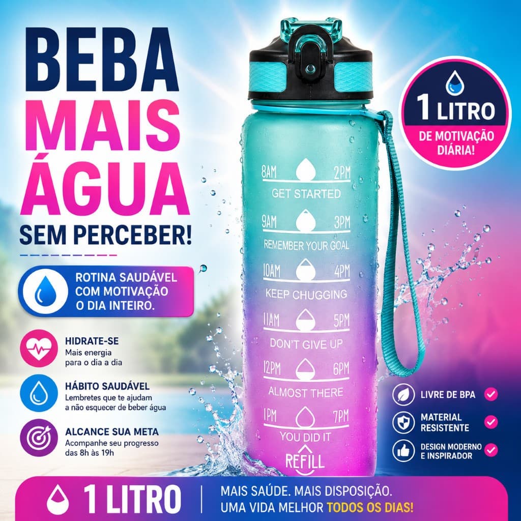 Garrafa de Água Squeeze Motivacional 1L Com Marcador de Horário Tampa Trava Para Dia a Dia BPA Free