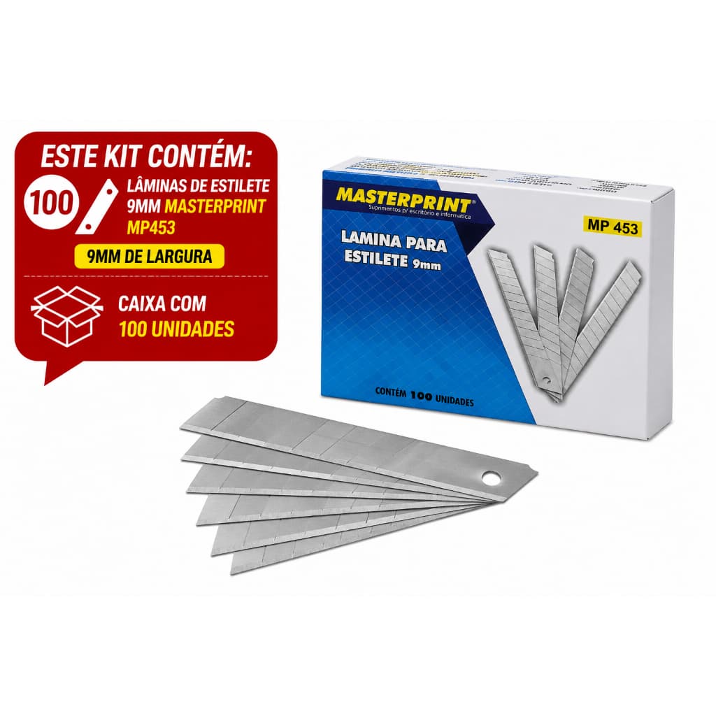 LÂMINA DE ESTILETE 9MM MASTERPRINT MP453 CAIXA COM 100 UNIDADES