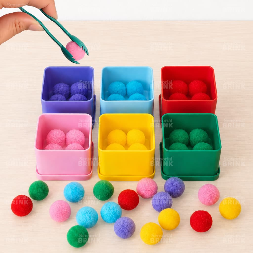 Brinquedo Educativo Pareamento de Cores com Pinça e Pompons | Coordenação Motora Fina | Montessori | Autismo | TDAH